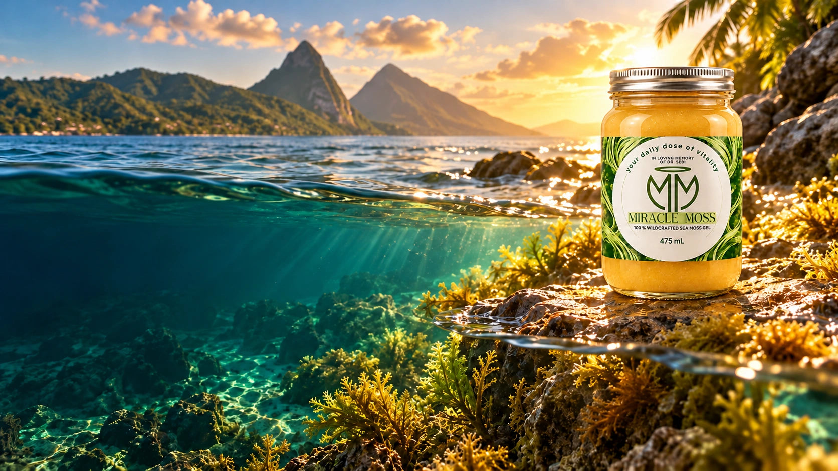 Miracle Moss jar beside Caribbean sea moss and ocean water